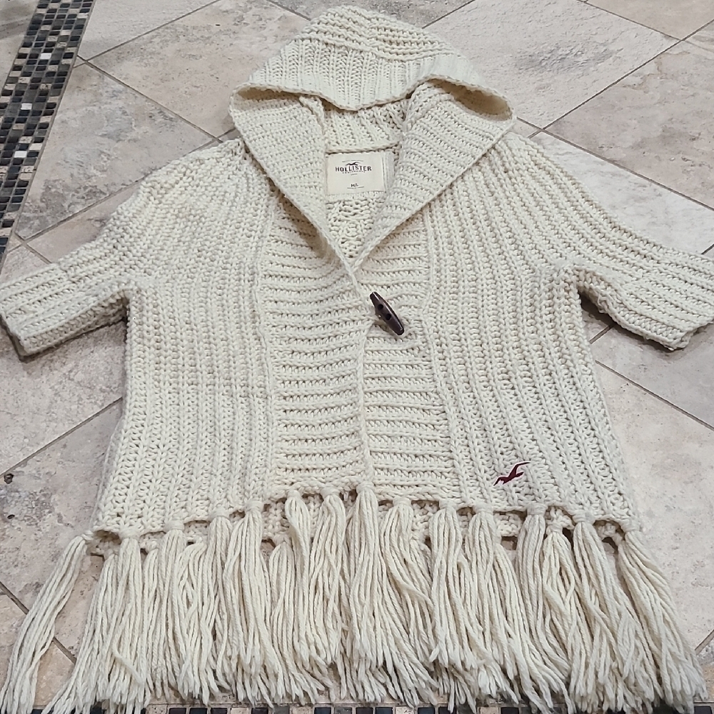 Hollister Women's Beige Hooded Cardigan with Fringe